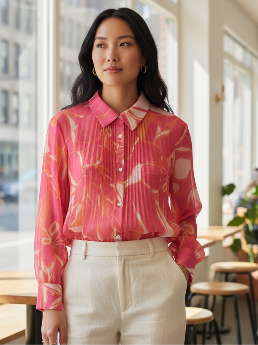 Milly Pink and Orange Floral Pleated Button-Down Blouse
